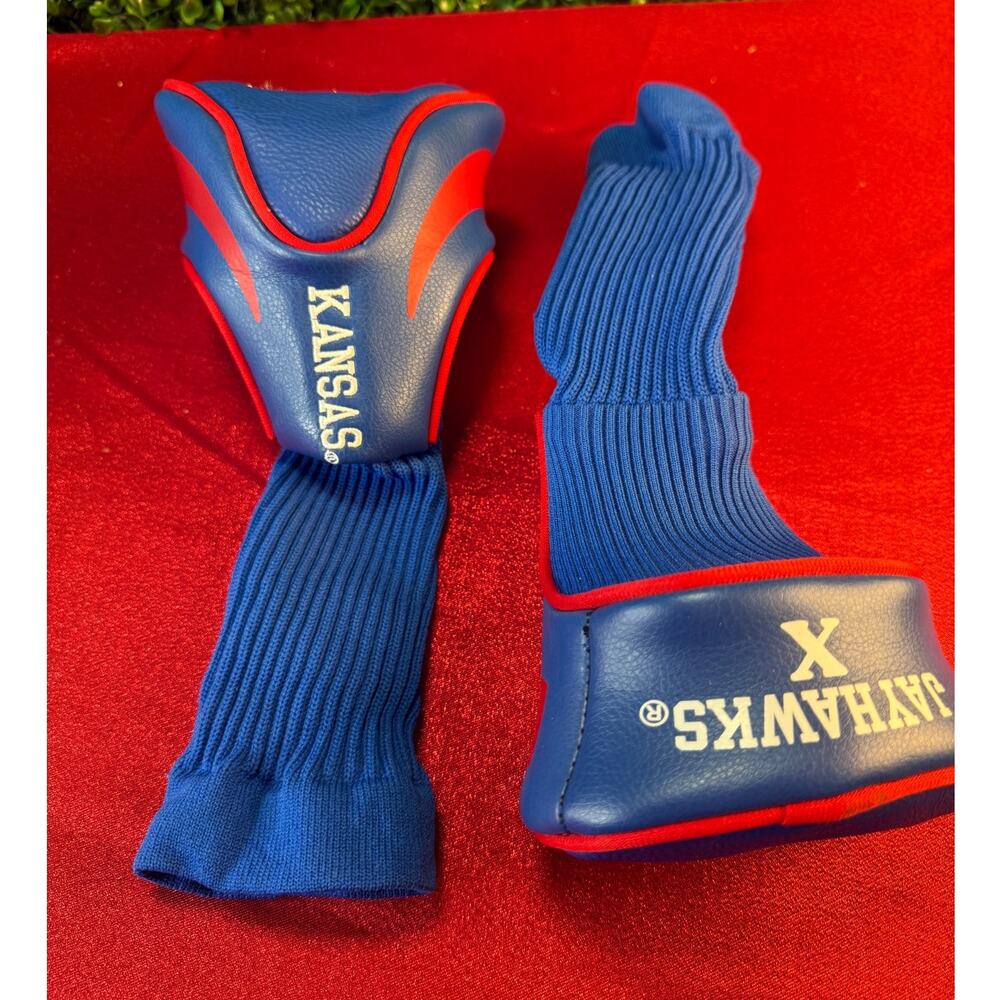 Lot of 2 Kansas Jayhawks NCAA Team Golf Contour Headcovers Blue Red Embroidered